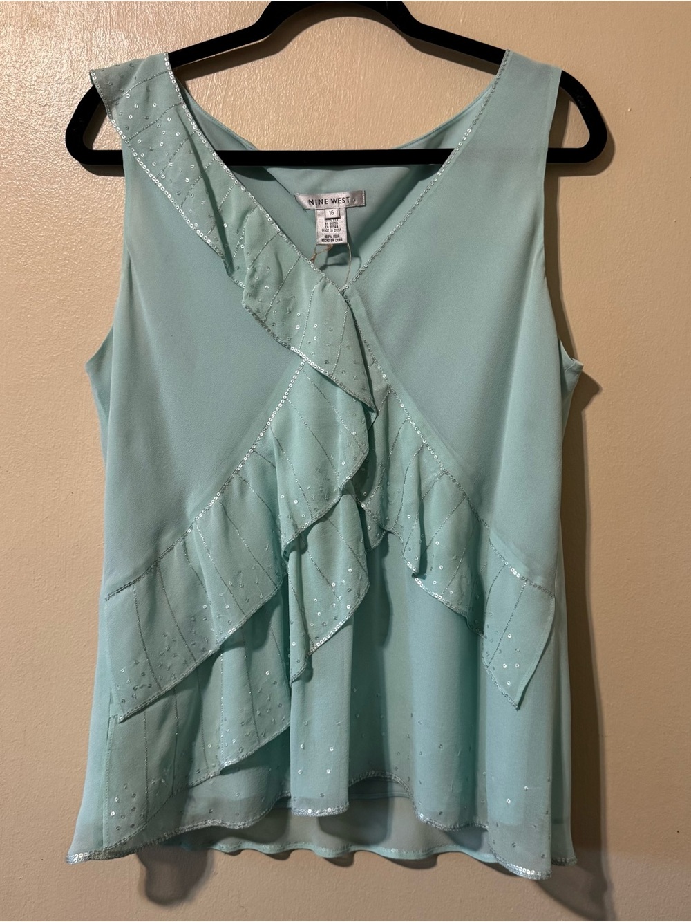 Nine West 100% Silk Teal Blue Ruffle V-Neck Sleeveless Camisole
